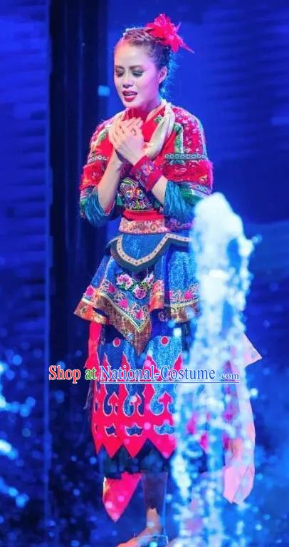 Chinese Jin Show Dan Zhai Miao Nationality Folk Dance Blue Dress Stage Performance Costume and Headpiece for Women