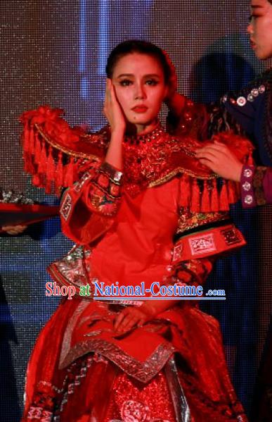 Chinese Jin Show Dan Zhai Miao Nationality Dance Wedding Red Dress Stage Performance Costume for Women