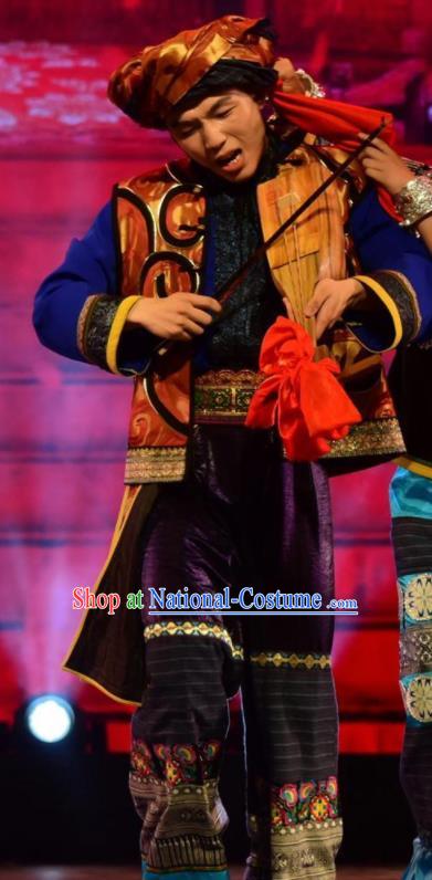 Chinese Jin Show Dan Zhai Miao Nationality Bridegroom Dance Clothing Stage Performance Costume for Men