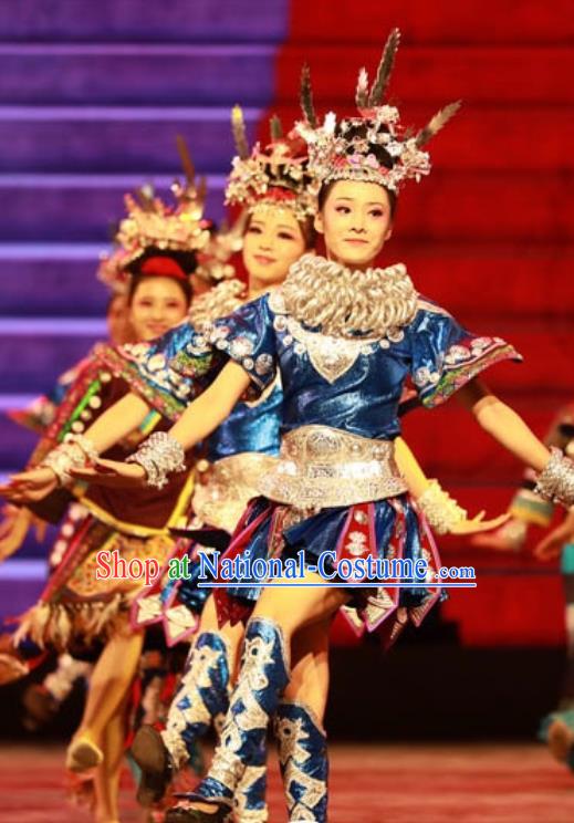 Chinese Jin Show Dan Zhai Miao Nationality Blue Dress Stage Performance Dance Costume and Headpiece for Women