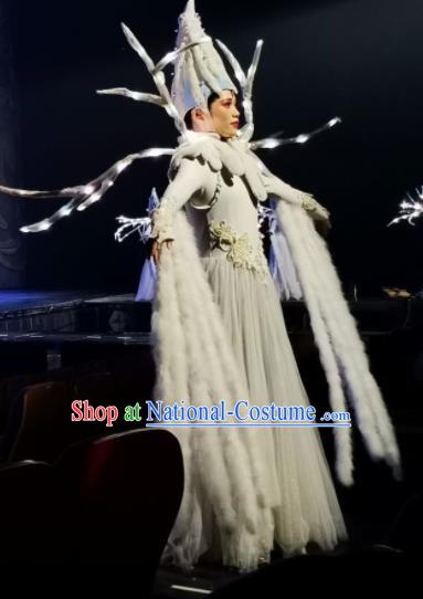 Chinese Picturesque Huizhou Classical Dance White Dress Stage Performance Costume and Headpiece for Women