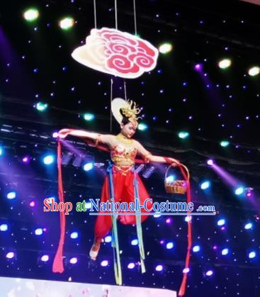 Chinese Picturesque Huizhou Classical Peri Dance Red Dress Stage Performance Costume and Headpiece for Women