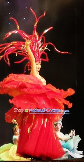 Chinese Picturesque Huizhou Classical Peony Dance Red Dress Stage Performance Costume and Headpiece for Women