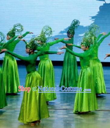 Chinese Picturesque Huizhou Classical Dance Green Dress Stage Performance Costume and Headpiece for Women