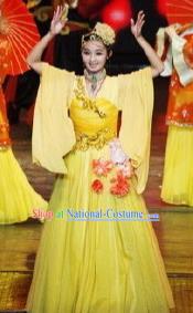 Chinese Picturesque Huizhou Classical Dance Yellow Dress Stage Performance Costume and Headpiece for Women