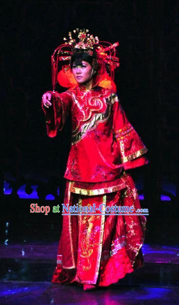 Chinese Picturesque Huizhou Wedding Bride Dance Red Dress Stage Performance Costume and Headpiece for Women