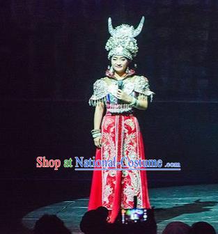 Chinese Charm Xiangxi Miao Nationality Dance Red Dress Stage Performance Costume and Headpiece for Women