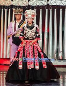 Chinese Charm Xiangxi Miao Nationality Dance Black Dress Stage Performance Costume and Headpiece for Women