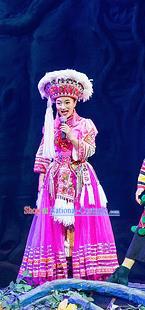 Chinese Charm Xiangxi Tujia Nationality Dance Rosy Dress Stage Performance Costume and Headpiece for Women