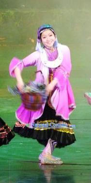 Chinese Charm Xiangxi Miao Nationality Dance Lilac Dress Stage Performance Costume and Headpiece for Women