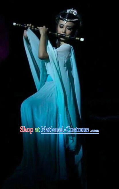 Chinese Dream Of Tao Classical Dance Blue Dress Stage Performance Costume and Headpiece for Women