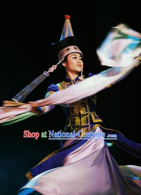 Chinese Oriental Apparel Mongol Nationality Dance Royalblue Dress Stage Performance Ethnic Costume and Headpiece for Women