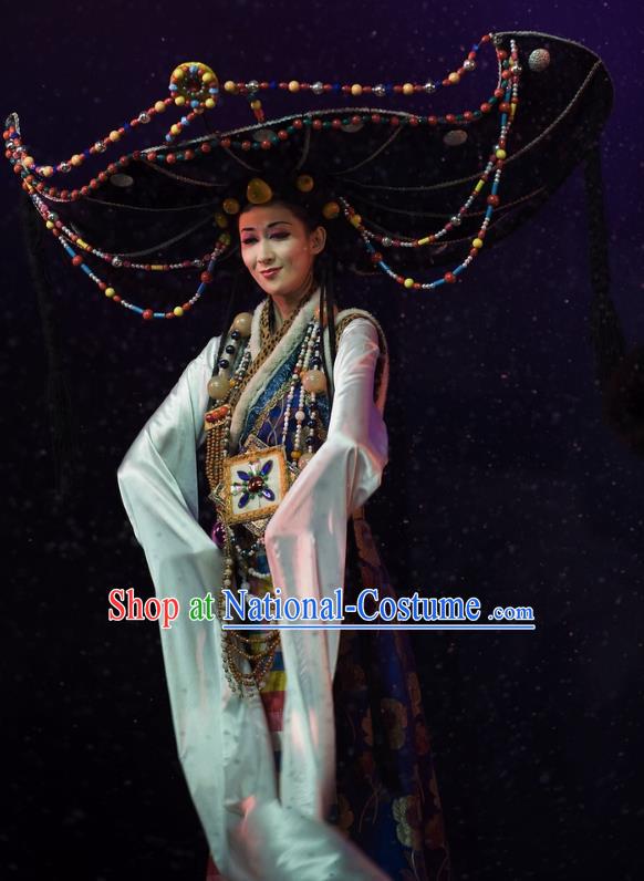 Chinese Oriental Apparel Zang Nationality Dance Dress Stage Performance Ethnic Costume and Headpiece for Women