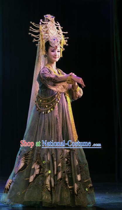 Chinese Oriental Apparel Classical Dance Green Dress Stage Performance Ethnic Costume and Headpiece for Women