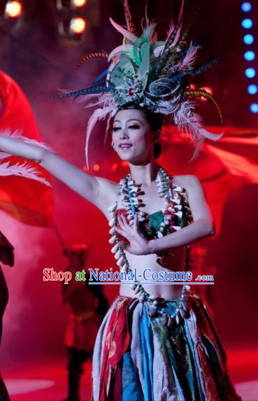 Chinese Oriental Apparel Classical Dance Feather Dress Stage Performance Ethnic Costume and Headpiece for Women