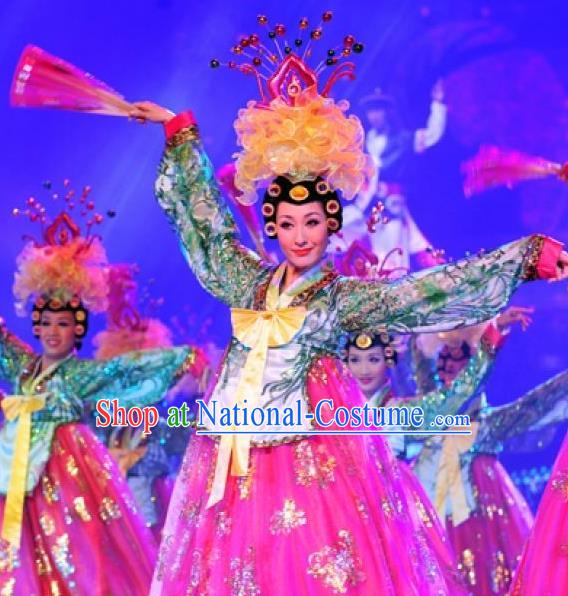 Chinese Oriental Apparel Korean Nationality Dance Rosy Dress Stage Performance Costume and Headpiece for Women