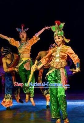 Chinese Oriental Apparel Nationality Dance Dress Stage Performance Costume and Headpiece for Women