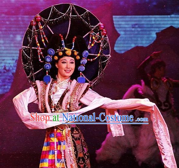 Chinese Oriental Apparel Zang Nationality Dance Dress Stage Performance Costume and Headpiece for Women