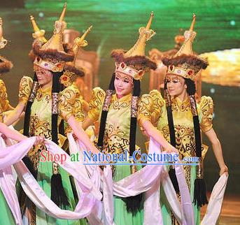 Chinese Oriental Apparel Mongolian Nationality Dance Dress Stage Performance Costume and Headpiece for Women