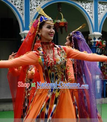 Chinese Oriental Apparel Ozbek Nationality Dance Orange Dress Stage Performance Costume and Headpiece for Women