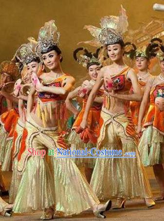 Chinese Oriental Apparel Classical Dance Dress Stage Performance Costume and Headpiece for Women