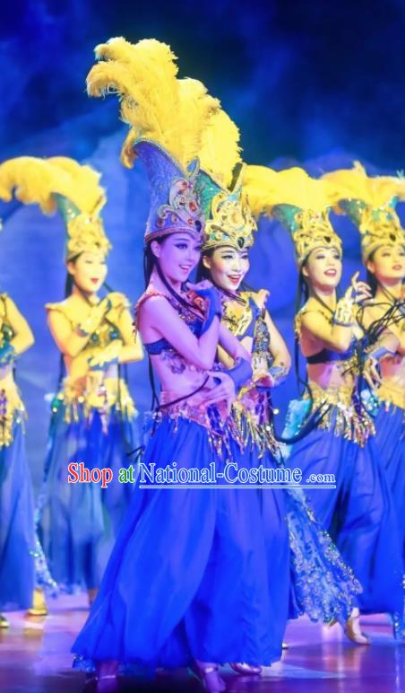 Chinese Oriental Apparel Indian Dance Blue Dress Stage Performance Costume and Headpiece for Women