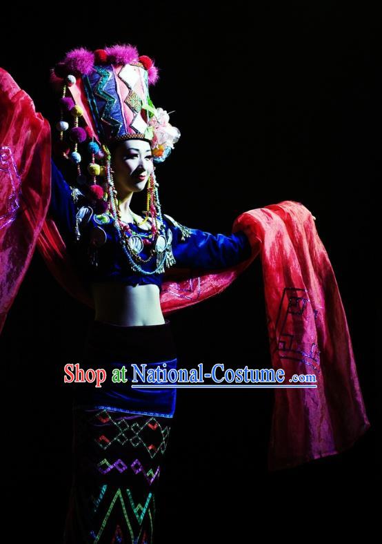 Chinese Oriental Apparel Wa Nationality Dance Dress Stage Performance Ethnic Costume and Headpiece for Women