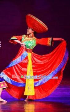 Chinese Dream Like Lijiang Zhuang Nationality Dance Wedding Red Dress Stage Performance Costume and Headpiece for Women