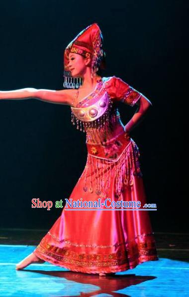 Chinese Dream Like Lijiang Zhuang Nationality Ethnic Dance Dress Stage Performance Costume and Headpiece for Women