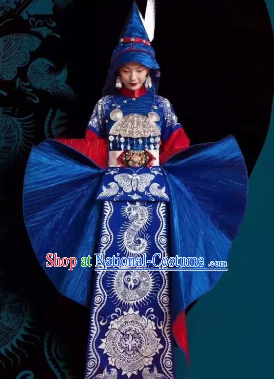 Chinese Xijiang Grand Ceremony Miao Nationality Dance Blue Dress Stage Performance Costume and Headpiece for Women