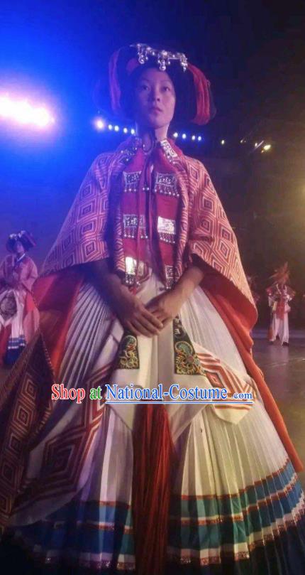 Chinese Xijiang Grand Ceremony Miao Nationality Dance White Dress Stage Performance Costume and Headpiece for Women