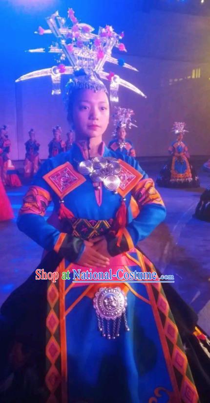 Chinese Xijiang Grand Ceremony Miao Nationality Dance Blue Dress Stage Performance Costume and Headpiece for Women