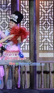 Chinese Border Town Miao Nationality Girl Dance Dress Stage Performance Costume and Headpiece for Women