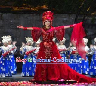 Chinese Border Town Miao Nationality Wedding Dance Red Dress Stage Performance Costume and Headpiece for Women