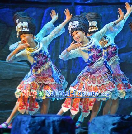 Chinese Border Town Miao Nationality Dance Dress Stage Performance Costume and Headpiece for Women