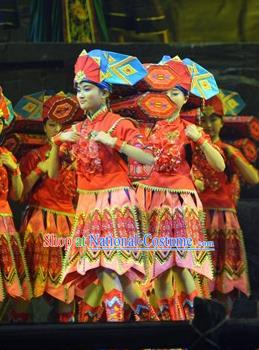 Chinese Border Town Miao Nationality Dance Red Dress Stage Performance Costume and Headpiece for Women