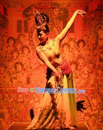 Chinese The Ancient Dunhuang Music Theatre Flying Apsaras Classical Dance Dress Stage Performance Costume and Headpiece for Women