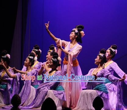 Chinese The Ancient Dunhuang Music Theatre Classical Dance Purple Dress Stage Performance Costume and Headpiece for Women