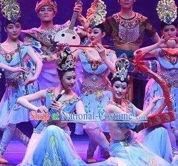 Chinese The Ancient Dunhuang Music Theatre Classical Dance Flying Apsaras Blue Dress Stage Performance Costume and Headpiece for Women