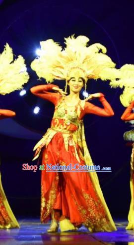 Chinese Golden Mask Dynasty Dance Red Dress Stage Performance Costume and Headpiece for Women