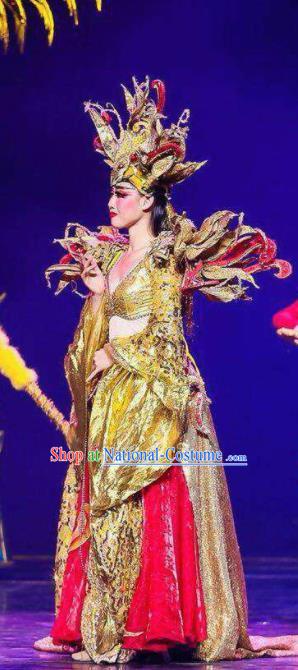 Chinese Golden Mask Dynasty Queen Dance Dress Stage Performance Costume and Headpiece for Women