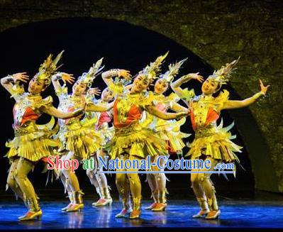 Chinese Golden Mask Dynasty Dance Short Dress Stage Performance Costume and Headpiece for Women