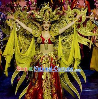 Chinese Golden Mask Dynasty Queen Dance Red Dress Stage Performance Costume and Headpiece for Women