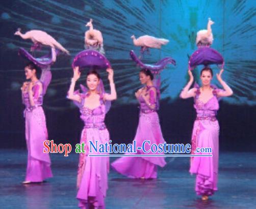 Chinese Golden Mask Dynasty Classical Dance Purple Dress Stage Performance Costume and Headpiece for Women