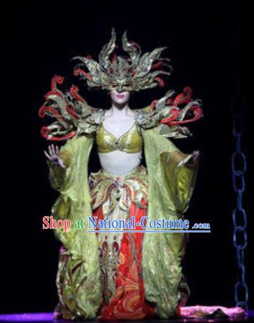 Chinese Golden Mask Dynasty Dance Queen Dress Stage Performance Costume and Headpiece for Women