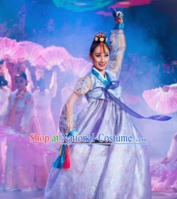 Chinese Oriental Apparel Korean Nationality Dance Blue Dress Stage Performance Costume and Headpiece for Women