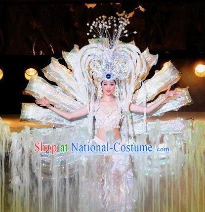 Chinese Dragon Phoenix Dance White Dress Stage Performance Costume and Headpiece for Women