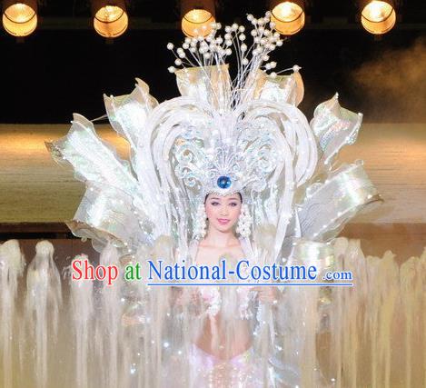 Chinese Dragon Phoenix Dance White Dress Stage Performance Costume and Headpiece for Women