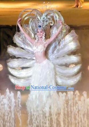 Chinese Dragon Phoenix Dance White Dress Stage Performance Costume and Headpiece for Women