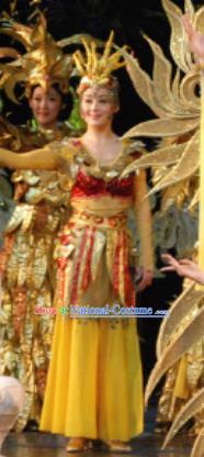 Chinese Golden Mask Dynasty Dance Yellow Dress Stage Performance Costume and Headpiece for Women